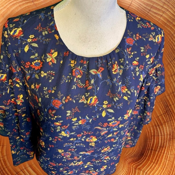 Madewell ‘Ruffle Sleeve Top’ in “Oriental Floral Midnight” Navy Blue Size Small - Picture 6 of 16